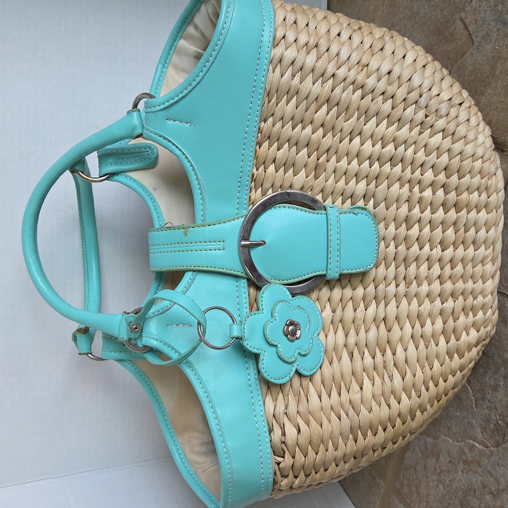 Straw Woven Tote with Floral Aqua Accents
